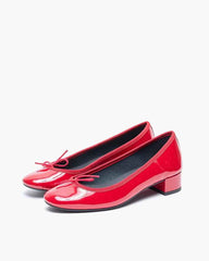 Women's Red Patent Leather Bow Low Heel Mary Jane Pumps