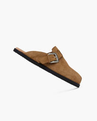 Brown Suede Flat Sole Split-Toe Sandal Mules