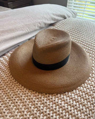 Wide Brim Woven Straw Fedora Sun Hat with Black Band