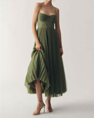Corset Pleated Tulle Fit & Flare Midi Dress
