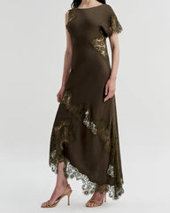 Asymmetrical Lace-Panel Evening Maxi Dress