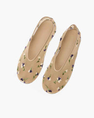 Women's Beige Floral Embroidered Mesh Ballet Flats