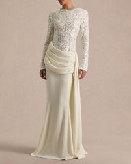 Women's Lace Long Sleeve Draped Mermaid Maxi Dress
