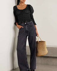 Soft Satin Shirred Peasant Style Blouse with Ruffle Detail