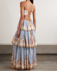 Bohemian Floral Cutout Tiered Maxi Dress