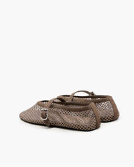 Women's Silver Fishnet Mary Jane Ballet Flats with Rhinestone Detail