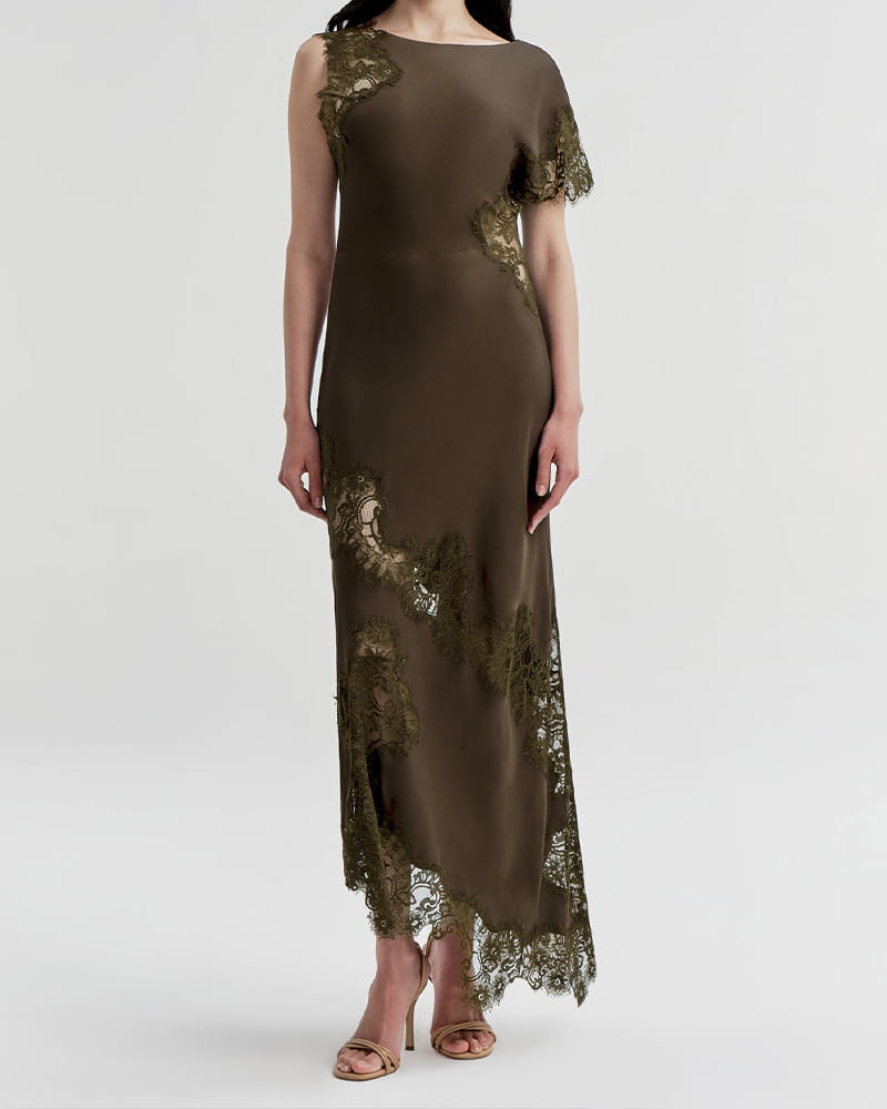 Asymmetrical Lace-Panel Evening Maxi Dress
