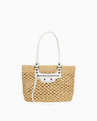 Handwoven Crochet Raffia Tote with Riveted Leather Accents