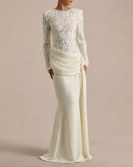 Women's Lace Long Sleeve Draped Mermaid Maxi Dress