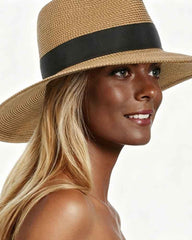 Wide Brim Woven Straw Fedora Sun Hat with Black Band