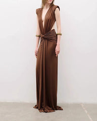 Ruched Plunge Neckline Draped Maxi Gown