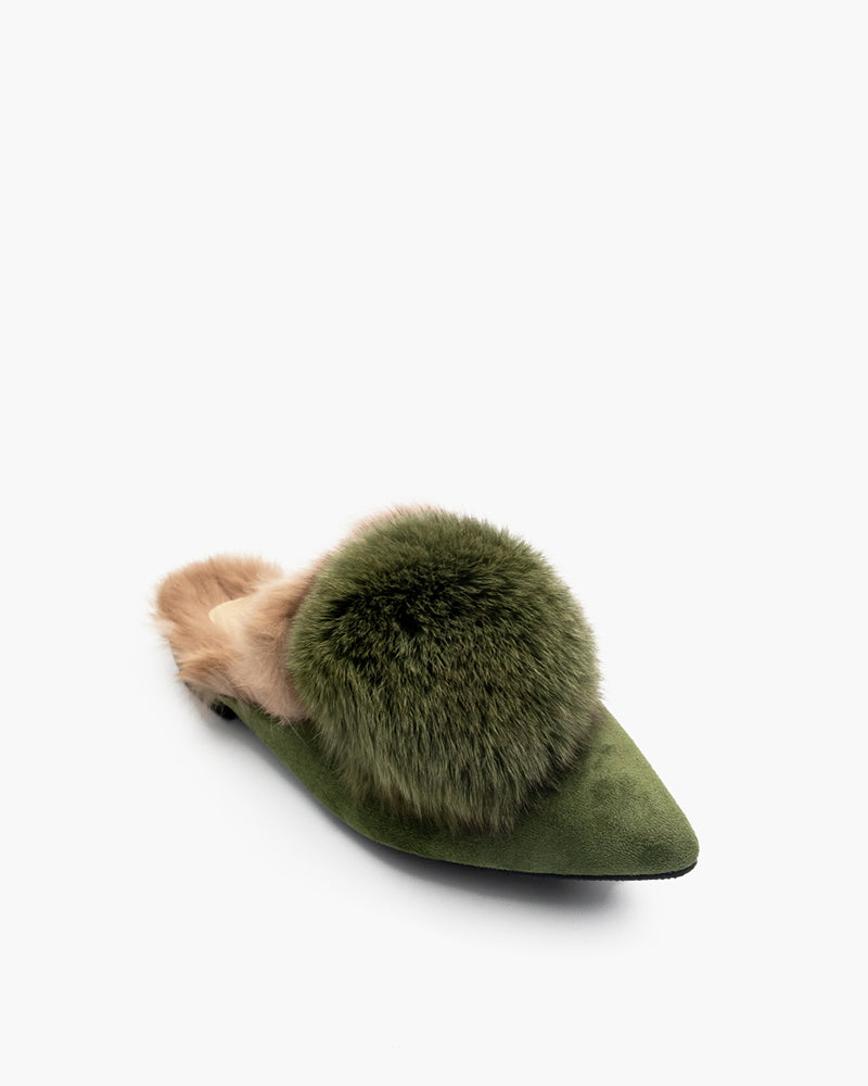 Suede Pointed Toe Backless Pompom Slippers Mules