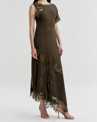 Asymmetrical Lace-Panel Evening Maxi Dress