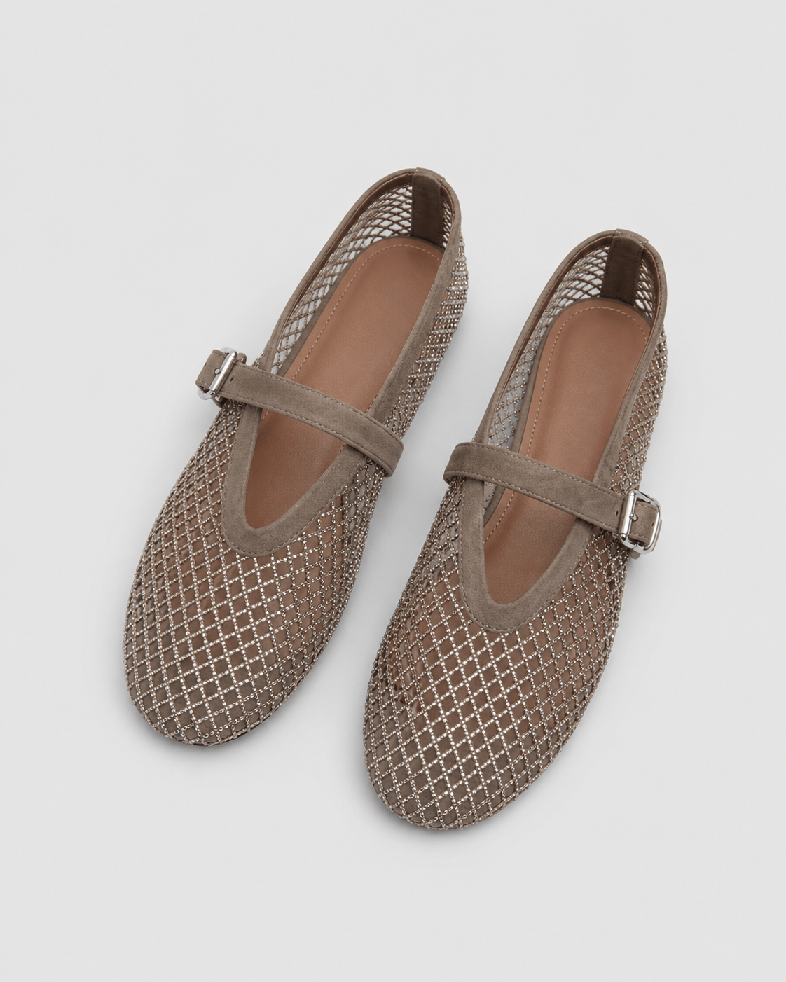 Women's Silver Fishnet Mary Jane Ballet Flats with Rhinestone Detail