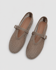 Women's Silver Fishnet Mary Jane Ballet Flats with Rhinestone Detail