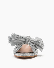 (Clean Up) Silver Pleated Bow Open Toe Chunky Block Heel Sandals