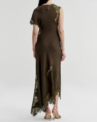 Asymmetrical Lace-Panel Evening Maxi Dress