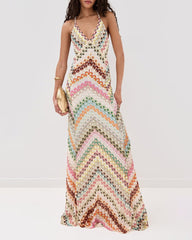 Boho Diagonal Stripe Open-Knit Backless Long Dress