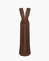 Ruched Plunge Neckline Draped Maxi Gown