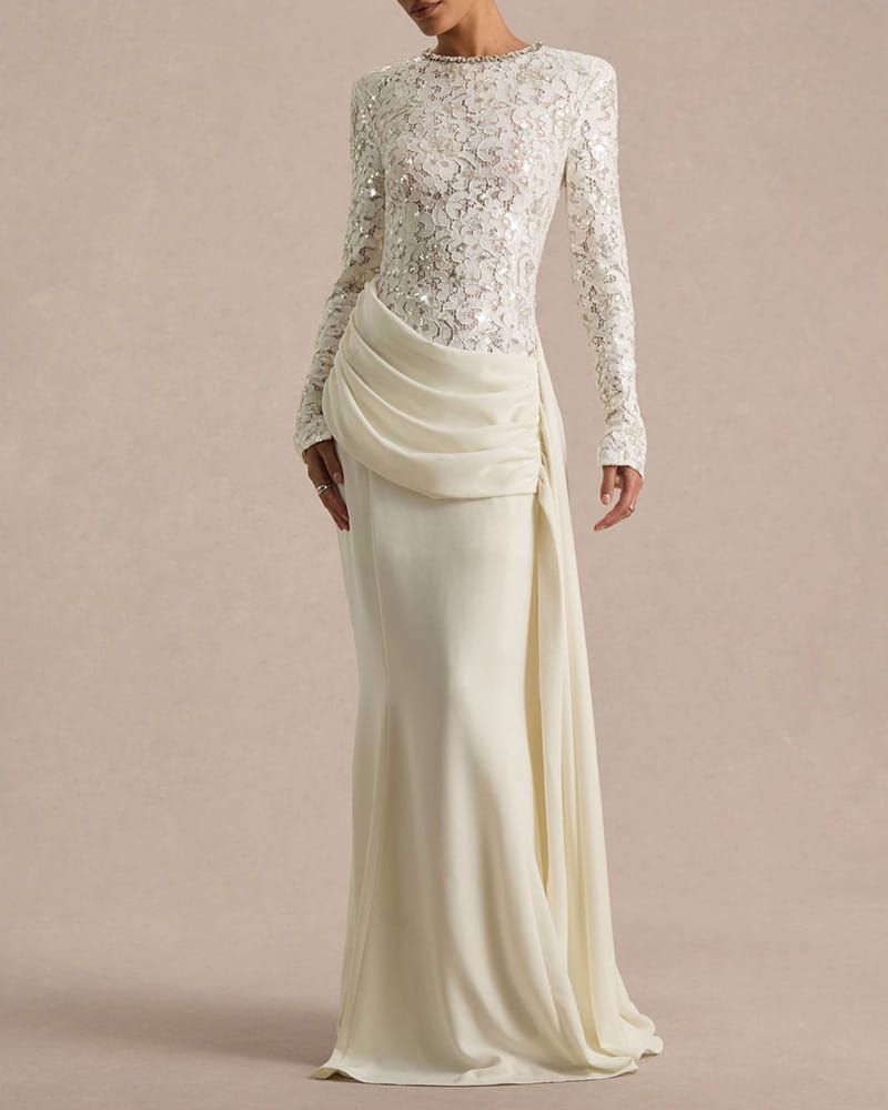 Women's Lace Long Sleeve Draped Mermaid Maxi Dress