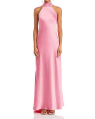 Women's Satin Halter Neck Sleeveless Maxi Gown