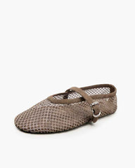 Women's Silver Fishnet Mary Jane Ballet Flats with Rhinestone Detail