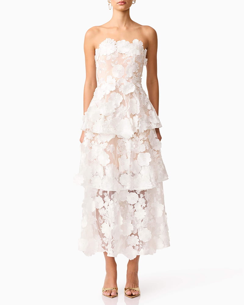 Women¡¯s White Strapless 3D Floral Embroidered Tiered Maxi Dress