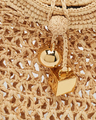 Chic Woven Raffia Circle Bag with Gold Charm Pendant