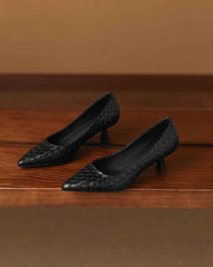 Refined Woven-Pattern Pointed-Toe Mid-Heel Pumps