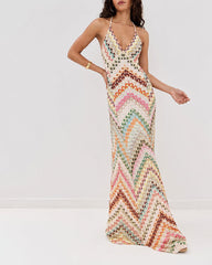 Boho Diagonal Stripe Open-Knit Backless Long Dress