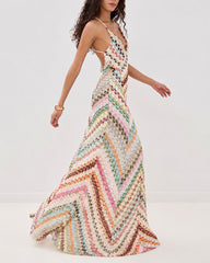 Boho Diagonal Stripe Open-Knit Backless Long Dress