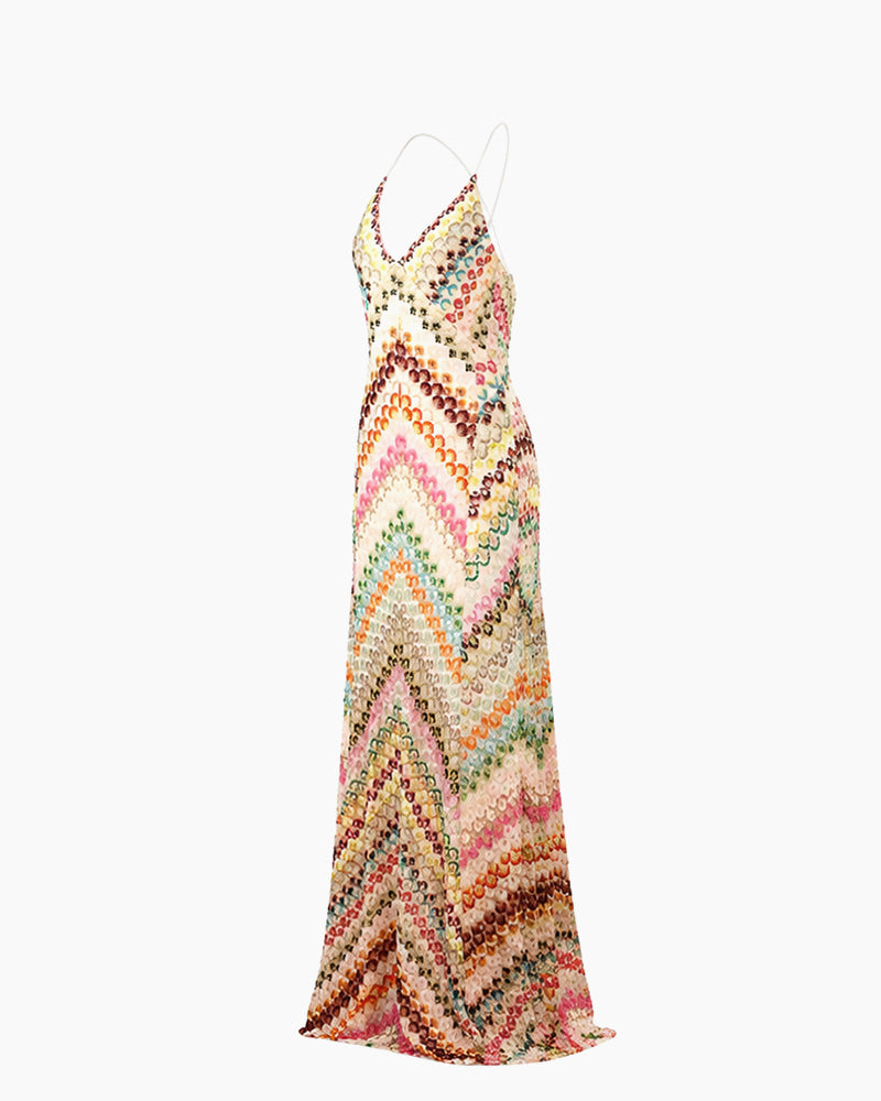 Boho Diagonal Stripe Open-Knit Backless Long Dress