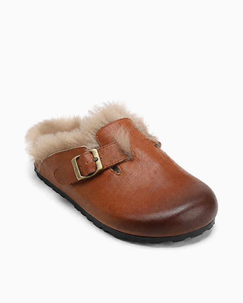 Charm Retro Wool Lining Leather Backness Mules