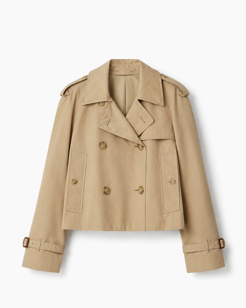 Cropped Cotton Trench Jacket with Double-Breasted Detail