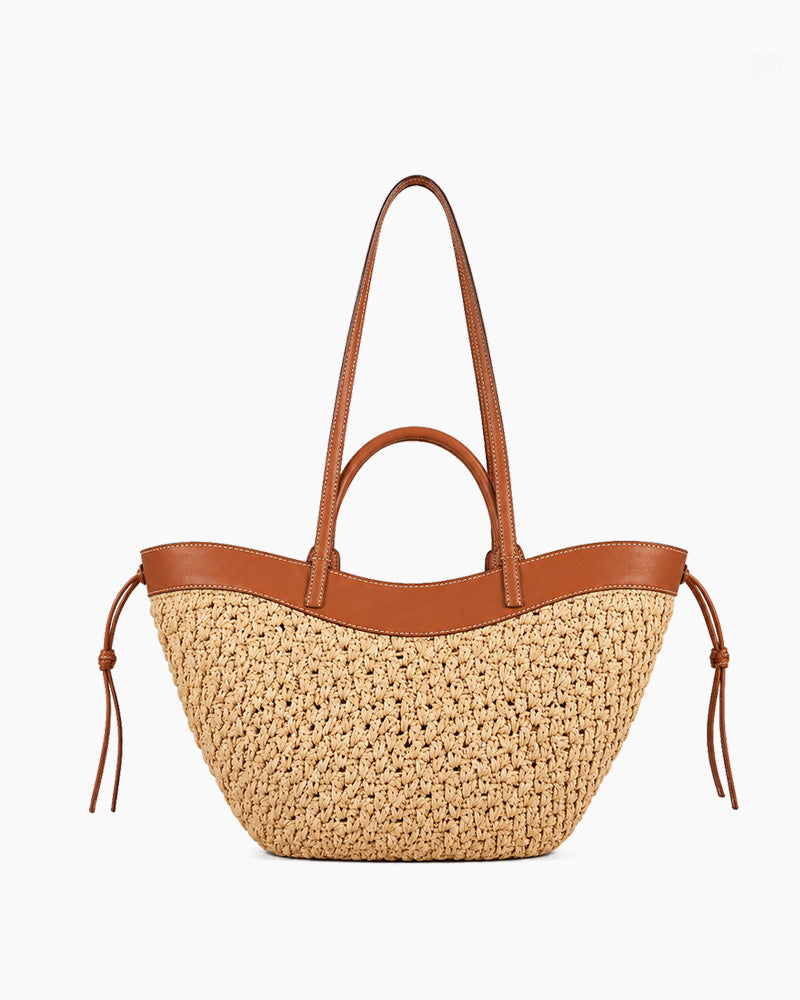 Woven Raffia Tote Bag with Leather Trim