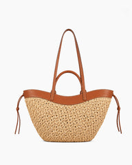 Woven Raffia Tote Bag with Leather Trim