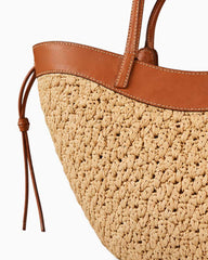 Woven Raffia Tote Bag with Leather Trim