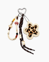 Playful Leopard Flower Beaded Bag Charm Keychain