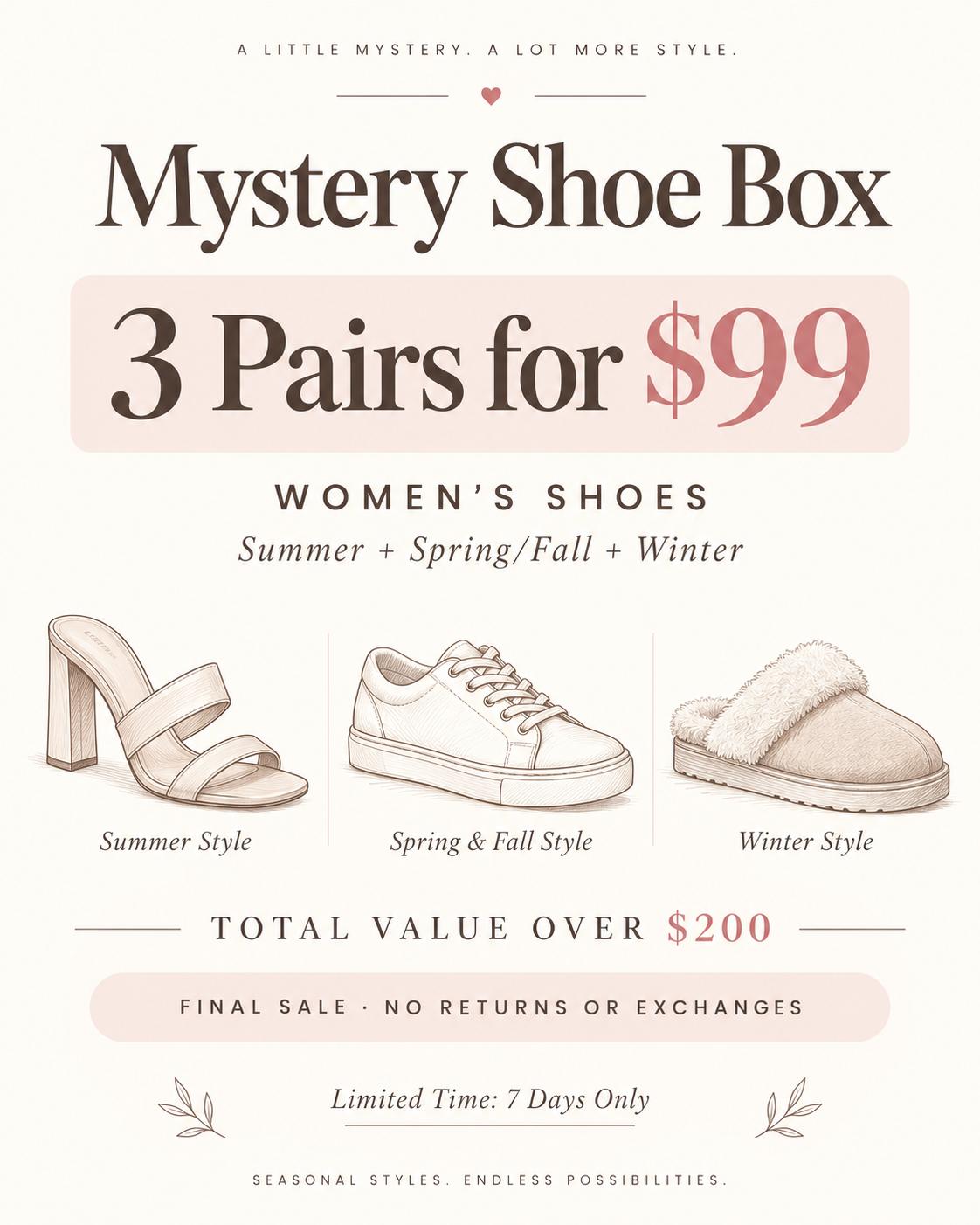 Women’s Mystery Shoe Box – 3 Pairs for $99 | Summer, Spring/Fall & Winter Styles