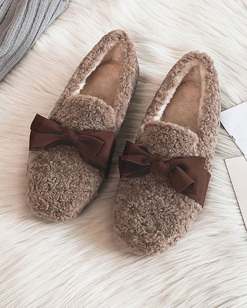 Faux Lamb Wool Comfy Warm Bow Loafers