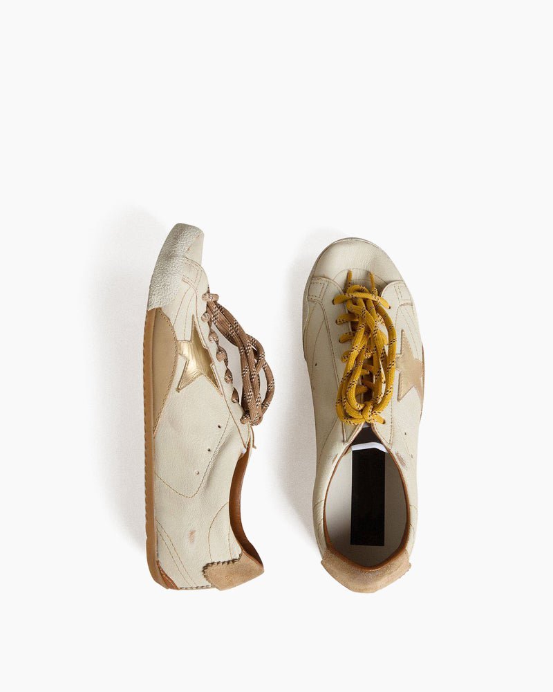 White Nappa Leather Sneakers with Gold Star and Beige Heel Tab