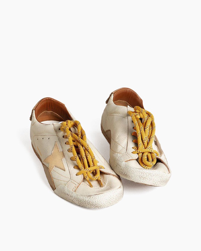 White Nappa Leather Sneakers with Gold Star and Beige Heel Tab