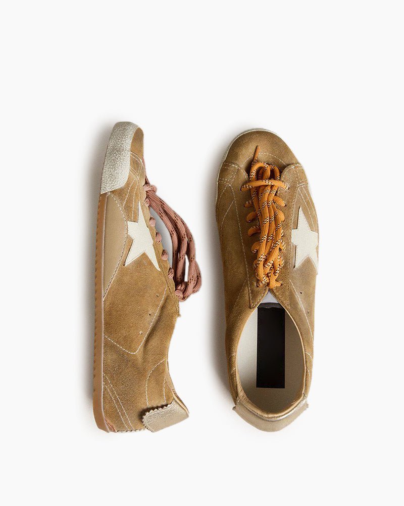Tobacco Colored Suede Nappa Leather Sneakers with White Star and Gold Heel Tab