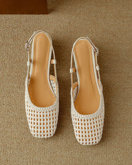 Woven Buckle Strap Slingback Chunky Heel Sandals