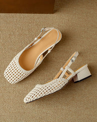 Woven Buckle Strap Slingback Chunky Heel Sandals