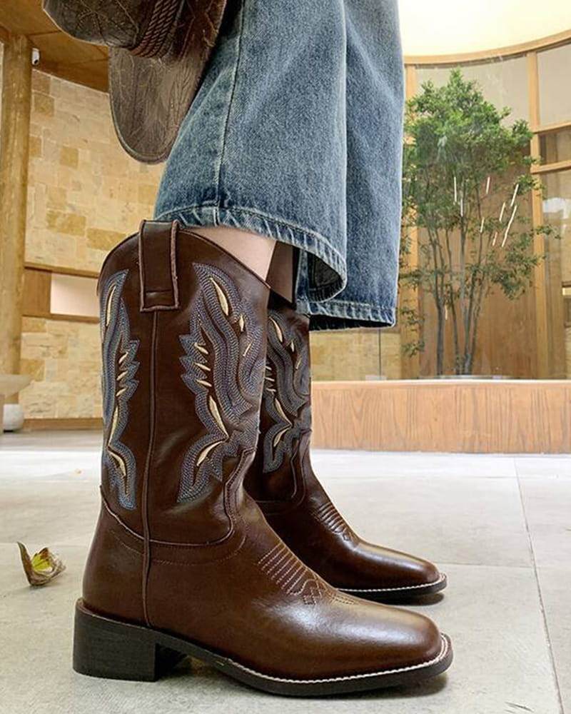 Casual-Street-Western-Cowhide-Mid-Calf-Boots-7