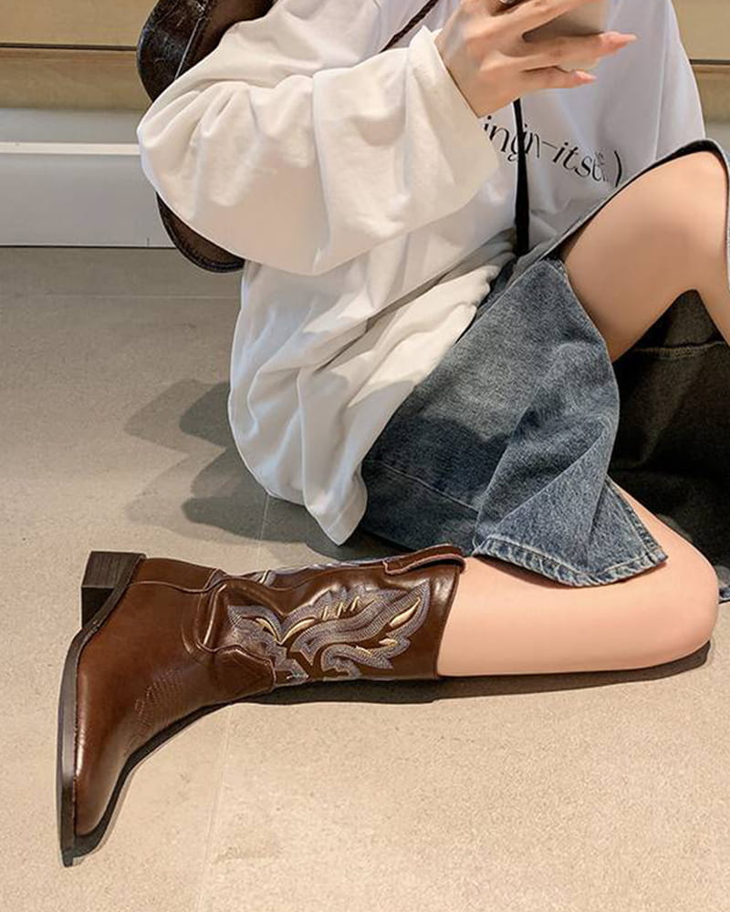 Casual-Street-Western-Cowhide-Mid-Calf-Boots-8