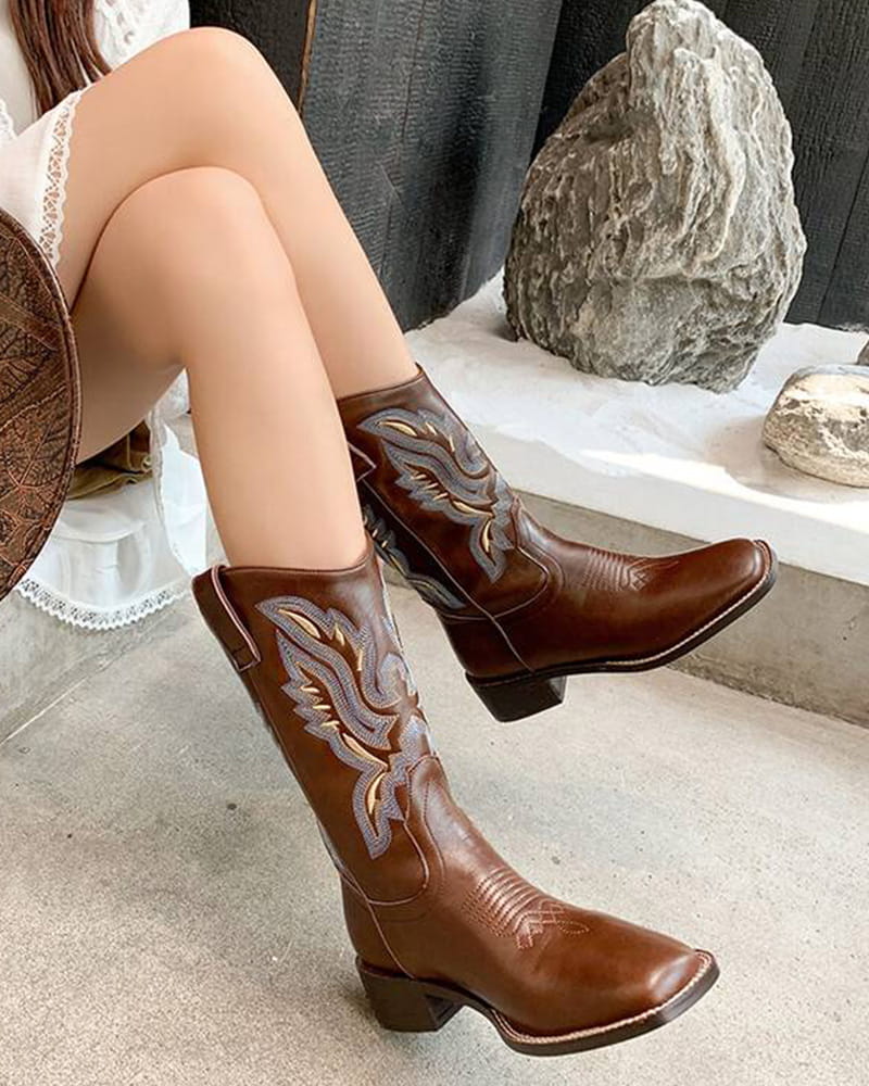 Casual-Street-Western-Cowhide-Mid-Calf-Boots-4