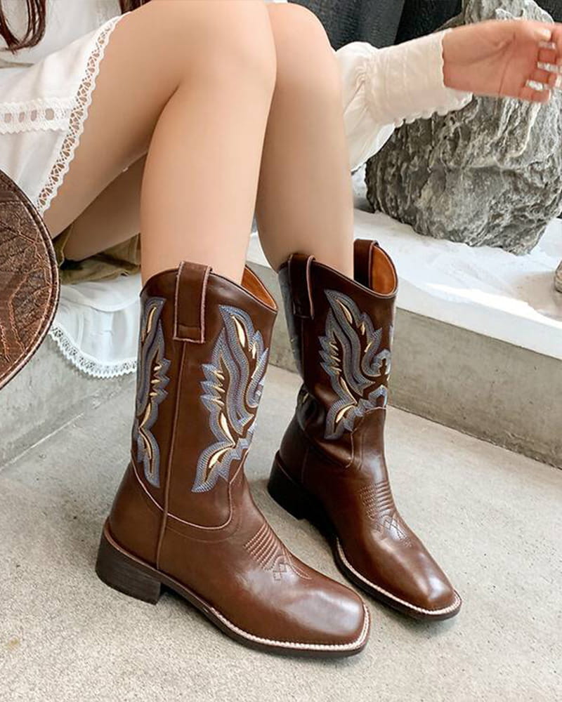 Casual-Street-Western-Cowhide-Mid-Calf-Boots-5