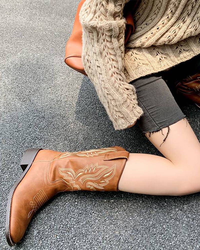 Casual-Street-Western-Cowhide-Mid-Calf-Boots-13